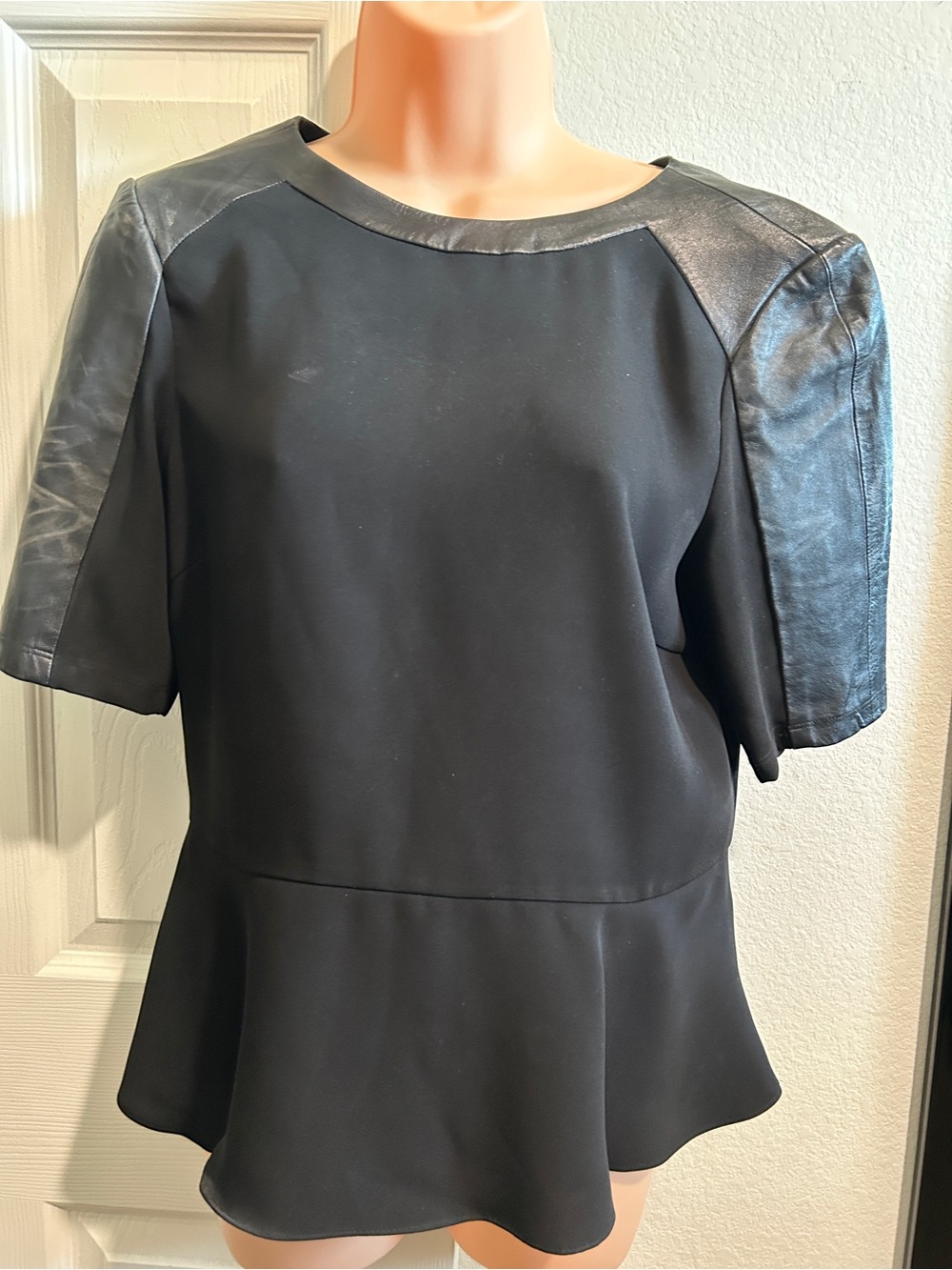 Ted Baker Black Short-Sleeve Peplum Top with Faux Leather Shoulders
